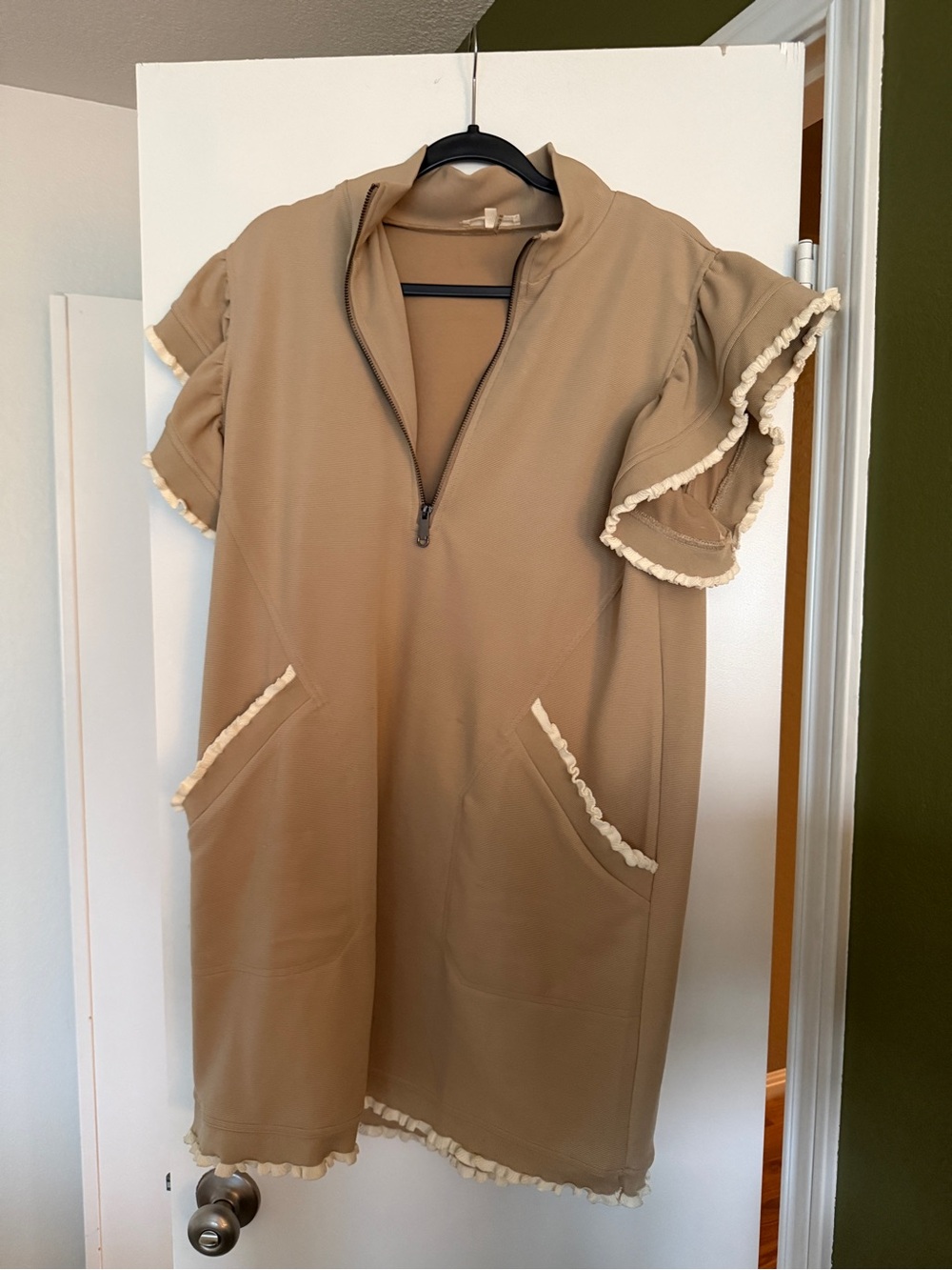 entro Tan Mini Dress with Cream Ruffle Trim